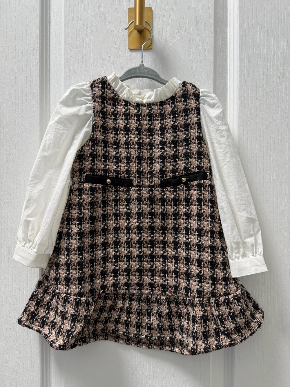 Janie and Jack Pink & Black Tweed Pinafore with White Blouse
